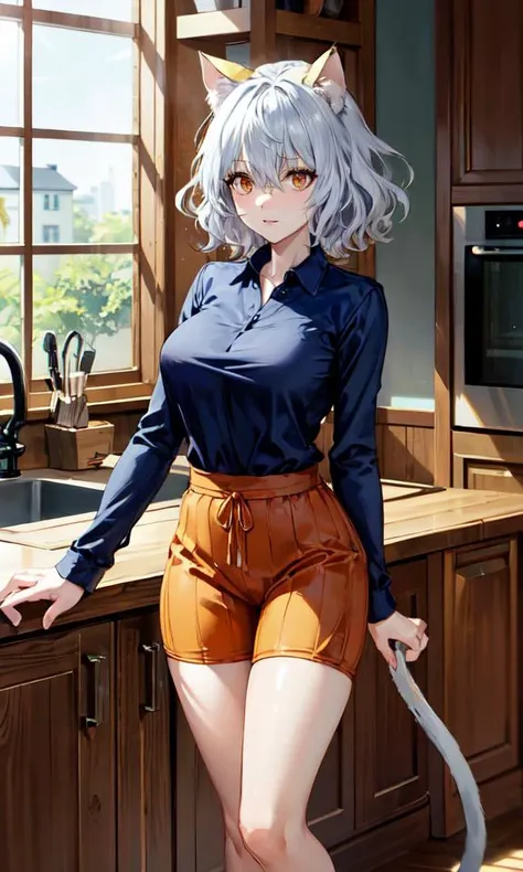 masterpiece, perfectly detailed, detailed face, detailed eyes, beautiful eyes, anime,
morning, summer, dawn, wooden house, large spacious kitchen, rays of the sun, warm lighting, pleasant atmosphere, 
1girl, standing without clothes, sideboob, white chef's apron covers the body in front, large breasts, slender, beautiful, sexy, disheveled uncombed hair of unnatural color, thicc,
<lora:LoRA_Neferpitou:0.8> NeferpitouDef, orange eyes, white hair, short hair, wavy hair, bangs, curly hair, animal ears, hair between eyes, cat girl, cat tail, tail, cat ears, shirt, long sleeves, pantyhose, shorts, collared shirt, blue shirt, spoken question mark, brown shorts, orange shorts, shoes, socks, other focus, hunter x hunter, neferpitou