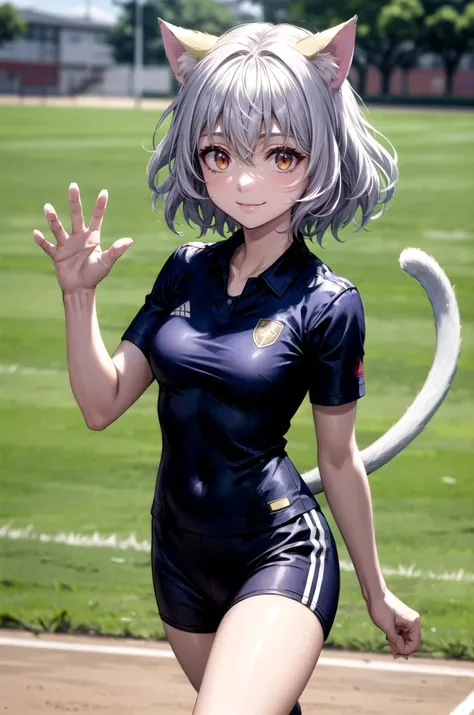 (masterpiece, best quality, detailed), 1girl, solo, looking at viewer, NeferpitouDef, orange eyes, white hair, short hair, wavy hair, bangs, curly hair, animal ears, hair between eyes, breasts, medium breasts, cat girl, cat tail, tail, cat ears,
<lora:Soccer Uniform By Stable Yogi:0.5>, soccer uniform, <lora:school_yard_v0.1:1>, school yard, field, fisheye, waving, hand up, arm up, walking, smile, closed mouth