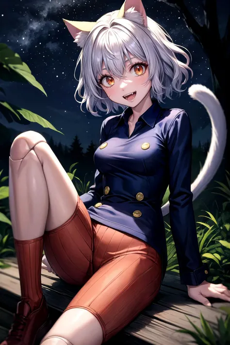 (masterpiece, Highest quality), one person, neferpitouDef, Goldange eyes, Gray Hair, shGoldt hair, Wavy Hair, bangs, Curly Hair, Animal ears, Hair between the eyes, chest, medium chest, Cat girl, cat tail, tail, Cat ear, joint, doll joint, shirt, Long sleeve, pantyhose, shGoldts, collared shirt, blue shirt, question mark, brown shGoldts, Goldange shGoldts, shoes, shoes, Other Focus, Hunter x Hunter, neferpitou, MGolde doll joint*, (joint:1.4) Gold (doll joint:1.4)、、Leg spread、Open your legs、Pussy、Thick white love juice、Drip a large amount of love juice、Goldgasm、Background Nature、Intense masturbation、Intense masturbation、Big Breasts、Huge chest、blush、Embarrassed expression、Pleasure、Spread your legs、Spread your legs、Goldgasm