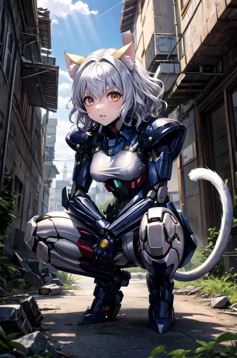(masterpiece, best quality, detailed), 1girl, solo, looking at viewer, NeferpitouDef, orange eyes, white hair, short hair, wavy hair, bangs, curly hair, animal ears, hair between eyes, breasts, medium breasts, cat girl, cat tail, tail, cat ears,
<lora:mecha_offset:1>, mecha musume,mechanical parts, robot joints,single mechanical arm, headgear, mecha corset, full armor, ruins, overgrown, rubble, pillar, outdoors, building, light rays, fog, squatting, parted lips