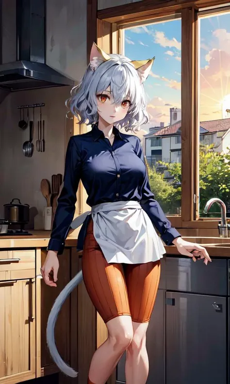 masterpiece, perfectly detailed, detailed face, detailed eyes, beautiful eyes, anime,
morning, summer, dawn, wooden house, large spacious kitchen, rays of the sun, warm lighting, pleasant atmosphere, 
1girl, standing without clothes, sideboob, white chef's apron covers the body in front, large breasts, slender, beautiful, sexy, disheveled uncombed hair of unnatural color, thicc,
<lora:LoRA_Neferpitou:0.8> NeferpitouDef, orange eyes, white hair, short hair, wavy hair, bangs, curly hair, animal ears, hair between eyes, cat girl, cat tail, tail, cat ears, shirt, long sleeves, pantyhose, shorts, collared shirt, blue shirt, spoken question mark, brown shorts, orange shorts, shoes, socks, other focus, hunter x hunter, neferpitou