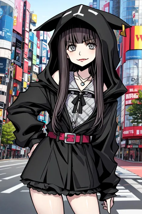 masterpiece, best quality, 1girl, sakurane shoka, akiba, scramble crossing, hoodie, smug, necklace, grey eyes <lora:sakurane_shoka-1.0r8:1>
