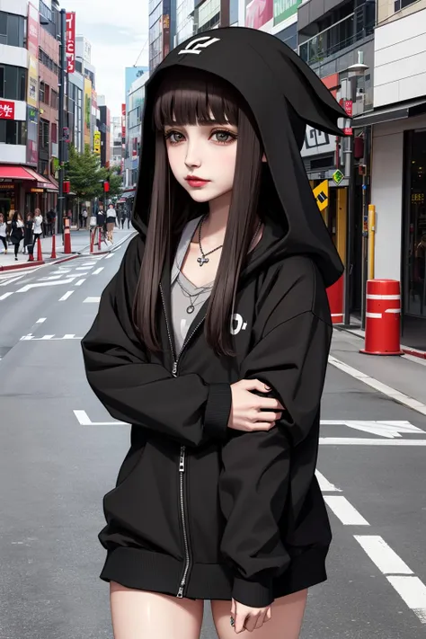 masterpiece, best quality, 1girl, sakurane shoka, akiba, scramble crossing, hoodie, smug, necklace, grey eyes <lora:sakurane_shoka-1.0r8:0.6>