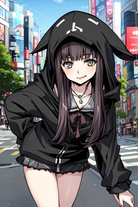 masterpiece, best quality, 1girl, sakurane shoka, akiba, scramble crossing, hoodie, smug, necklace, grey eyes <lora:sakurane_shoka-1.0r8:0.8>