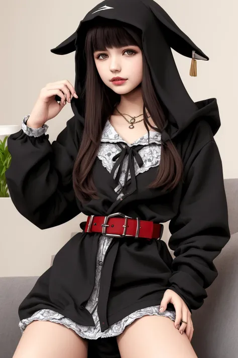 masterpiece, best quality, 1girl, sakurane shoka, hoodie, belt, dress, lounging on couch, smug <lora:sakurane_shoka-1.0r8:0.8>