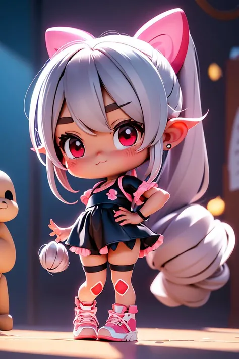 kawaii it chi 1girl, (skindantation) (flat chest) pink eyes, dark silver hair, very long hair , ponytail, drill hair , swept bangs, hair flaps , ;<, nose blush , head_tilt standing deep black camisole vermilion hotpants thighhighs platform sneakers Matsumoto sunlight, depth of field, strong light coming in light rays light sparkles lens flare pray hand on hip