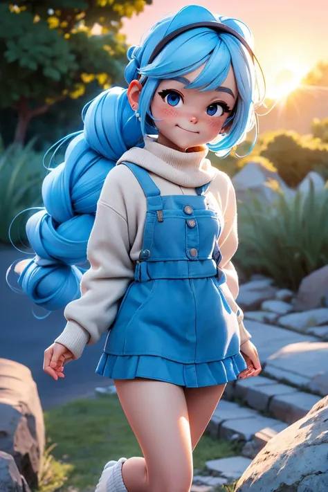 kawaii ite minor 1girl eyeliner skindantation medium breasts (eyes visible through hair) gradient eyes, transparency blue hair, medium hair , twin ponytails, drill hair , hair pulled back, sideburns , embarrassed nose blush smile, embarrassed , - brown smock sky blue skirt fishnet tights slippers pyramid, warm light sunset, rays light sparkles lens flare deep shadows, depth of field peerless scenery sentimental