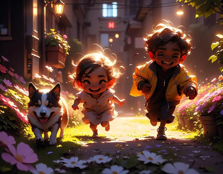 (masterpiece:1.2), best quality, absurdres, extremely detailed wallpaper, perfect lighting,closeup,from above,
<niji-se-3d>,
a beautiful and puckish girl smilling, blonde hair, running, trying to catch her loving dog in the grass, flowers, ball, the night, in a garden, neon light,
she is looking at her dog,
<lora:ANIMAL - MG_CORGI (mangguo_keji):0.6>,mangguo_keji,mangguo keji,
<lora:CONCEPT - DreamFlower:0.4>, DreamFlower, lot of flowers , trees, blue clear sky,
<lora:STYLE - Glowing stars (starlight):0.4>, starlight,star:1.5,
<lora:STYLE - Niji-Dream Style LoRA (Niji-Dream_Style):0.3>,
Cute and adorable cartoon, fantasy, dreamlike, surrealism, super cute, trending on artstation, cute, tiny, little chibi, kawai,
great face expression, dynamic pose, trending on artstation, cinematic, hyper realism, high detail, 8k, 8mm, octane render, bokeh, artstation, detailed,