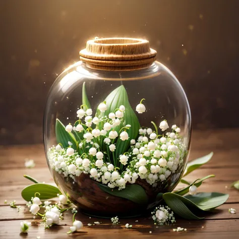 no humans,magical bottle, shining liquid in bottle, (((lily of the valley inside bottle))), shining, sparkles, <lora:more_details:0.7>