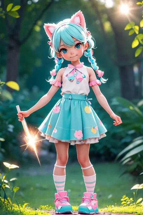 kawaii it chi 1girl, (skindantation) (flat chest) blond eyes, transparency aqua hair, medium hair , twin braids, drill hair , swept bangs, hair flaps , pupils sparkling, , head_tilt standing clear multicolored sleeveless vermilion checked skirt, drawers high socks leather shoes Matsumoto sunlight, depth of field, strong light coming in light rays light sparkles lens flare arm at side
