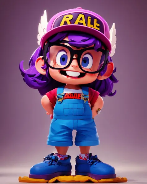 <lora:arale:0.7>, full body shot, beautiful face,arale, smile, dancing, glasses, blue eyes, purple hair,short sleeves, wing hat, wing cap, red shirt, blue overalls,in town, (sharp focus, eyes focus, masterpiece,best quality, realistic detail,clear image,realistic,high resolution),
