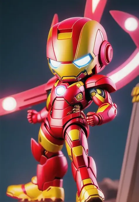 <niji-se-3d>, iron Man, cute, night, front view