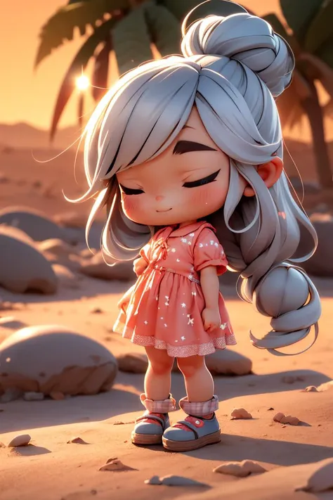 kawaii ite minor 1girl eyeliner skindantation medium breasts (eyes visible through hair) silver eyes, dark coral hair, long hair , single hair bun, streaked hair , hair pulled back, sideburns , closed eyes smile:1.2, , light starry print gingham check collared shirt coral pants ankle socks shoes Sahara Desert, warm light sunset, rays light sparkles lens flare deep shadows, depth of field peerless scenery sentimental
