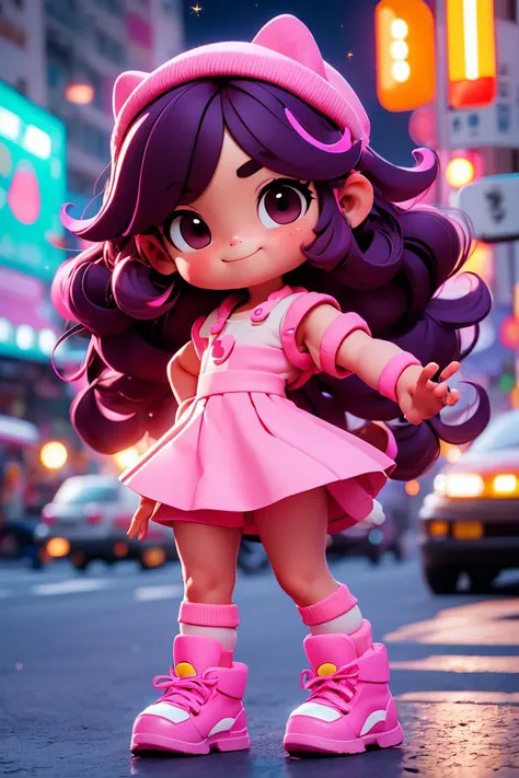 kawaii it chi 1girl, (skindantation) (flat chest) brown eyes, deep purple hair, long hair , bowl cut hair, wavy hair , hair over one eye, sideburns , :/, nose blush , vivid pink dress pink layered skirt socks short boots Hong Kong(City) Traffic signals Street lights Neon signs Decorative signs building sunlight, depth of field, strong light coming in light rays light sparkles lens flare arms behind back