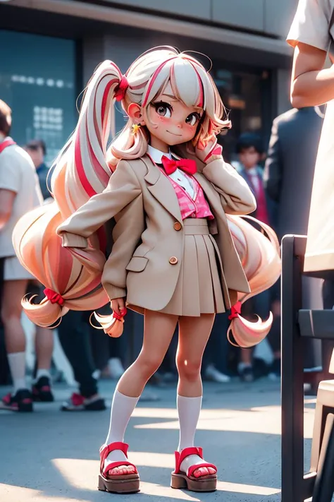 kawaii it chi 1girl, (skindantation) (flat chest) hazel eyes, clear gradient hair, very long hair , hair slicked back, streaked hair , diagonal bangs, sideburns , smirk, , head_tilt standing red blazer, school uniform, bowtie high socks platform sandals City Shibuya Harajuku 109 sunlight, depth of field, strong light coming in light rays light sparkles lens flare arms behind back