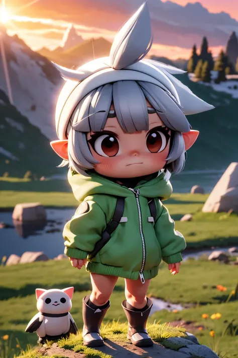 kawaii ite minor 1girl eyeliner skindantation medium breasts (eyes visible through hair) silver eyes, dark vermilion hair, short hair , side ponytail, drill hair , asymmetrical bangs, hair flaps , whiskers, embarrassed , head_tilt standing green child smock slouch socks thigh high boots Stonehenge, warm light sunset, rays light sparkles lens flare deep shadows, depth of field peerless scenery sentimental