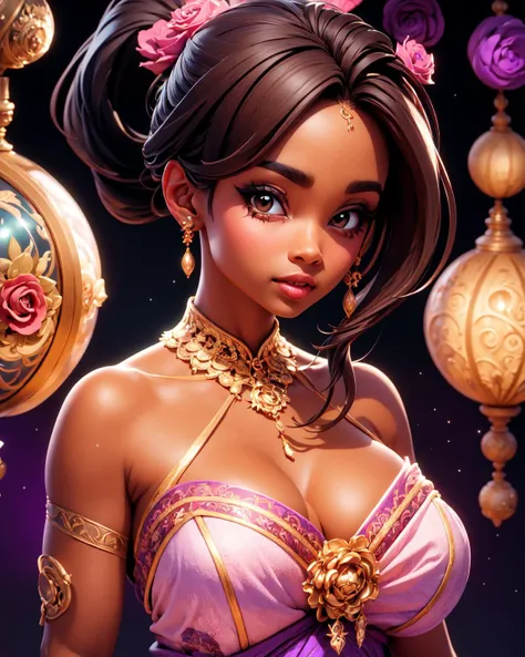 artistic_colorful background, gradient_background, <lora:kaleidoscope_v1:0.4>,close up shot, one (35 years old beautiful female),look at viewer, DarkViolet ponytail, cleavage, big breast, rose clothes, tan, planetarium, accessories, intricate, delicate, cinematic light, realistic details, sharp focus, detailed skin,clear image, detailed, distinct