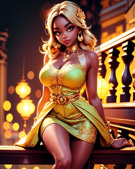 A girl with dark skin like anime, with a gold top, and bracelets on golden hands, with a skirt that covers her right leg but the left leg is very short up to the thigh, Her hair is straight, waist-length and is light yellow in color., Her hair is loose but she has two pigtails in the back., and has silver accessories on his head 