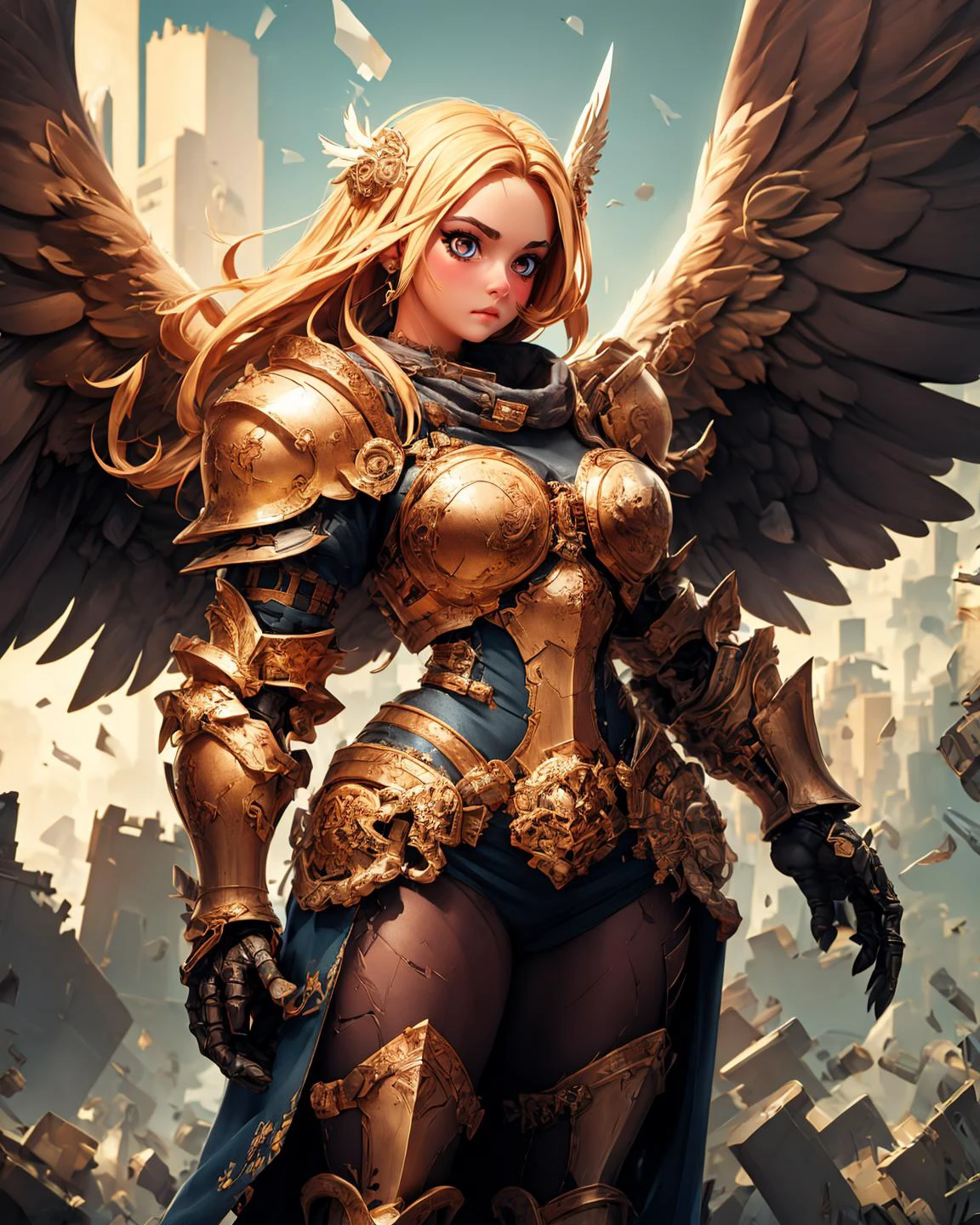 broken skyscraper in distant,battle angel,float,huge wings, heavy armor,bare thigh, valkyrie <lora:AngelicWarriors_v1:0.8>,
(sharp focus, eyes focus, masterpiece,best quality, realistic detail,clear image,realistic,high resolution)