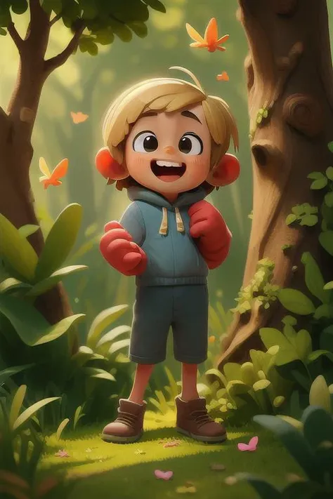 <lora:COOLKIDS_MERGE_V2.5:1>, a happy cute kid, portrait, blonde hair, wearing a blue space costume, playing with a butterfly, outdoors, background forest, kid, toon, pixar style, 3d, cartoon, detailed face, asymmetric, upper body