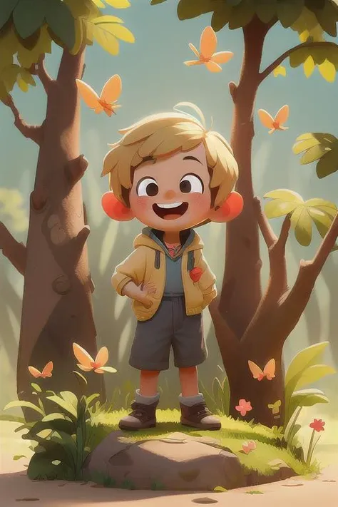 <lora:COOLKIDS_MERGE_V2.5:1>, a happy cute kid standing short blonde hair, wearing a space costume, playing with a butterfly, outdoors, background forest, kid, toon, pixar style, 3d, cartoon, detailed face, asymmetric