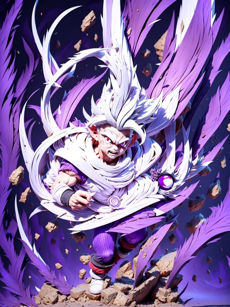 masterpiece, best quality, ultra-detailed, Adult Gohan <lora:db_gohan:1>, 1boy, solo, Full body, evil smile, ((grey hair:1.5)), spiked hair, (((red eyes))), (((perfect eyes))), (((PURPLE dougi:1.5))), full body, looking at viewer, male focus, earth \(planet\), planet, space, cracked ground and lots of rocks rising up, lots of debris going up, perfect hands , Cute, chibi, <lora:blindbox_v1_mix:1>,((swirls of (((white:1.1))) wind and energy going around))<