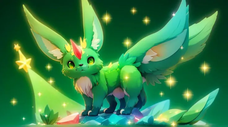 hi res, kemono, kawaii style, furry, solo, , feral, quadruped, cute, adorable, brightly green colored, ruby gem on forehead, cheerful, anime influence, highly detailed, star,green hue color tone, carbuncle final fantasy viii<lora:Carbuncle_NF_V1:1> , green light blue eyes, sparkles, healing magic, magical halo, cure halo, green bright escene, cristaline particles floating, galaxy background