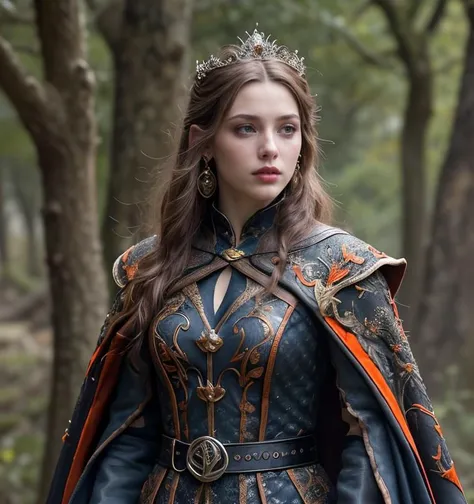 (masterpiece:1.2), (best quality,:1.2), 8k, HDR, ultra detailed, ((photorealistic)), perfect anatomy, professional light, cinematic lighting, fashion photography, ambient lighting,<lora:detail_slider_v4:3>, a female wizard, ((full body shot)), tiara, earrings, dark makeup, wearing intricate fantasy black and orange coat with belt, intricate robes, FanRo, <lora:FantasyRobes-10:0.5>, fantasy picture in the style of Tolkien, Middle Earth, Lord of the Rings, epiCPhoto