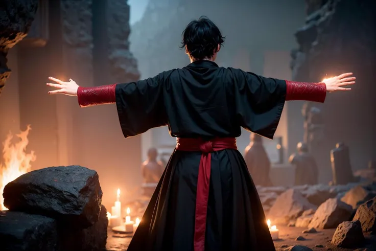 RAW portrait photo of a male sorcerer with messy black hair, facing away from the viewer with his arms raised up to the sky, wearing a black robe with a (large red hand on the back:1.4) FanRo<lora:FantasyRobes:.5>, standing on a stone platform in front of an altar in a cave