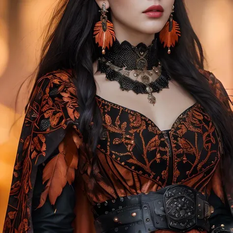 (masterpiece:1.2), (best quality,:1.2), 8k, HDR, ultra detailed, ((photorealistic)), professional light, cinematic lighting, fashion photography, ambient lighting, <lora:detail_slider_v4:2>, a beautiful woman, earrings, dark makeup, choker, cowboy shot, as radiant queen, wearing intricate and elaborate black and orange robes, belt, high collar, feathers, FanRo, <lora:FantasyRobes-10:0.7>, ((perfect hands)), epiCPhoto