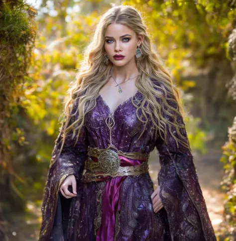 Young female adult fantasy druid, long blond hair, glowing purple eyes, plump lips, oval shaped face, flexible bod