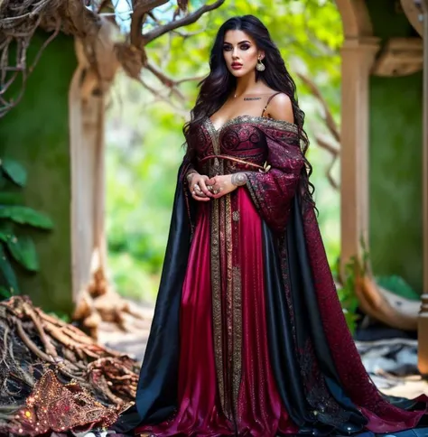 (masterpiece:1.2), (best quality,:1.2), 8k, HDR, ultra detailed, ((photorealistic)), perfect anatomy, professional light, cinematic lighting, fashion photography, ambient lighting,<lora:detail_slider_v4:3>, Angelique, <lora:Angelique-10:1>, earrings, dark makeup, long and messy hair, ((full body shot)), wearing intricate robes, FanRo, <lora:FantasyRobes-10:0.7>, epiCPhoto