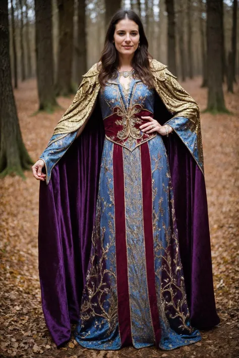 [professional::0.3][intricate:0.3:0.7][analog:0.7]-photography, (full-body-shot:1.3), a woman<lora:FantasyRobes-10:0.55> wearing intricate fantasy robes, FanRo, blues, reds, gold, coat, cape, setting is an enchanted forrest, [film-grain:0.5], picture-perfect