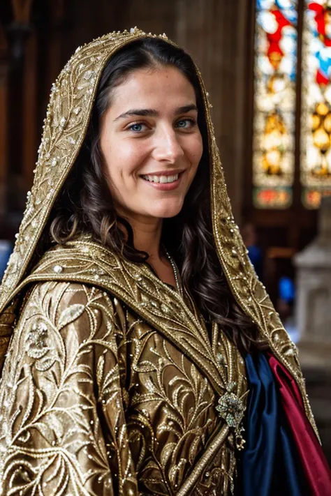 [professional::0.3][intricate:0.3:0.7][analog:0.7]-photography, (close-up-shot:1.3), a smiling woman, she has a stoic look on her face, <lora:FantasyRobes-10:0.55> wearing intricate fantasy robes, FanRo, blues, reds, gold, coat, cape, setting is a medieval church, [film-grain:0.5], picture-perfect