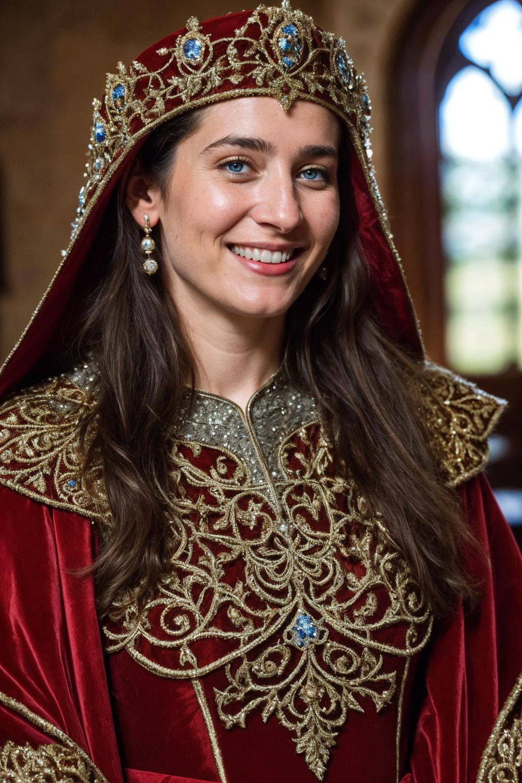 [professional::0.3][intricate:0.3:0.7][analog:0.7]-photography, (close-up-shot:1.3), a smiling woman<lora:FantasyRobes-10:0.55> wearing intricate fantasy robes, FanRo, blues, reds, gold, coat, cape, setting is a medieval banquet hall, [film-grain:0.5], picture-perfect