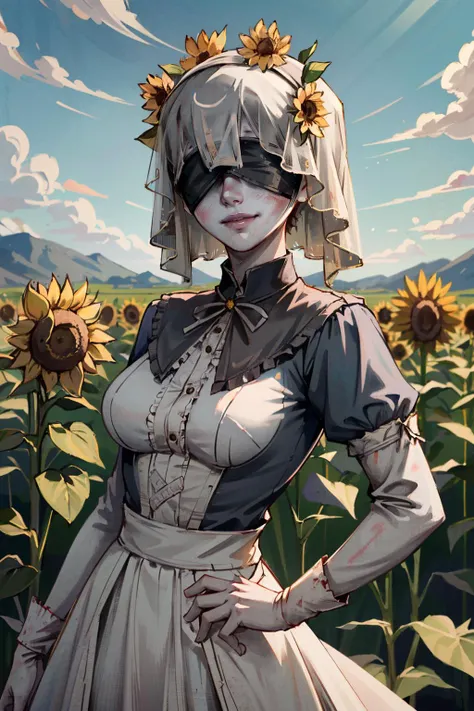 ((ultra detailed, masterpiece, absurdres))
<lora:BGNNurse:0.8>
BGNNurse,1girl,grey skin, covered eyes, pale skin, bruises, veil, surrounded by sunflowers in a bright field, smiling, with hands on hips