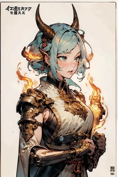 1girl, scaled humanoid, mature female, upper body, , green eyes, lips, oni horns, sleeveless Lemon Yellow bodysuit, simple background, flaming hair
<lora:scaled-humanoid:0.35>  <lora:powerarm:0.15> powerarm, glowing, mechanical arms<lora:tangbohu-detailmaker_v2.5:0.15> <lora:Painted_poster_V1-000035_1_pp:0.5> Painted poster, 1girl  <lora:edgEasternFantasy:0.5> edgEF, wearing edgEF eastern clothing <lora:EF-concept_master_1.0:1.5> [(white background: 1.4)::5], TBCC ILLUSTRATION <lora:aki:0.15> alphonse mucha <lora:on_fire:0.25> <lora:gubinxin:0.15><lora:EF-GoodHands-beta2:0.5><lora:EF-GoodHands-beta2:0.5><lora:EF-GoodHands-beta2:0.5><lora:EF-GoodHands-beta2:0.5>