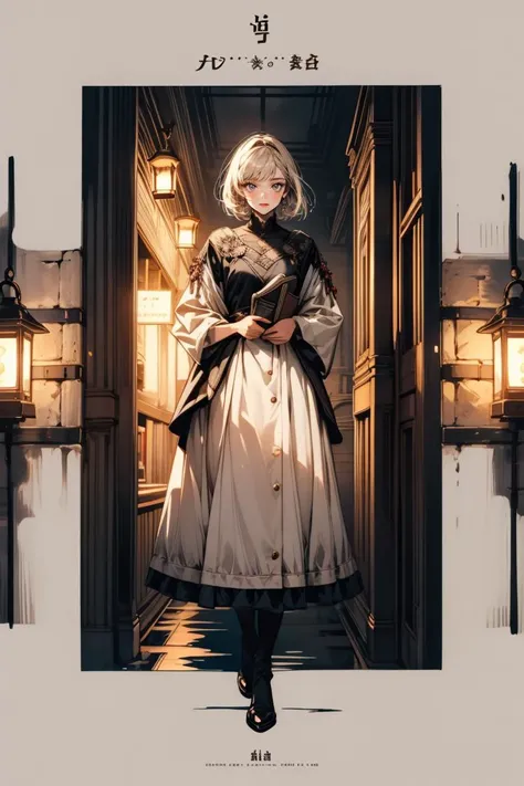 masterpiece, TBCC ILLUSTRATION, 1GIRL, PORTRAIT, full body SHOT,  LANTERN, BOOK,  <lora:EF-concept_master_1.0:1.5> [(taupe background: 1.4)::5], TBCC ILLUSTRATION <lora:EF-GoodHands-beta2:0.5><lora:EF-GoodHands-beta2:0.5>