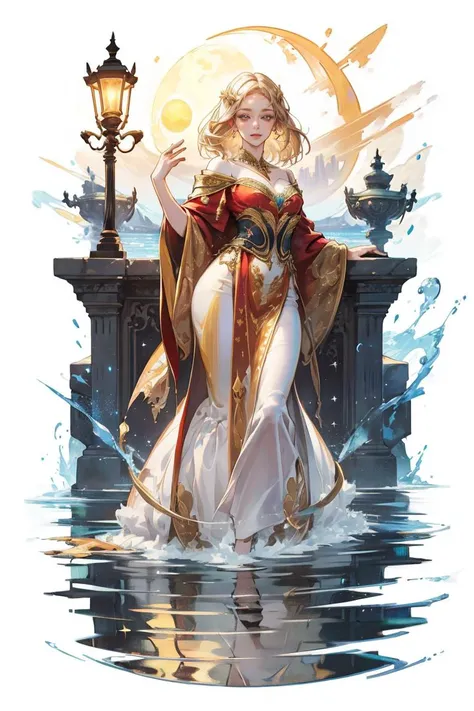 TBCC ILLUSTRATION, 1GIRL, sorceress, red and gold gown,  well endowed  girl, GOLD HAIR, beautiful face,  full body SHOT,  moon and stars, BOOK, GATE, masterpiece, detailed eyes and faces, water, ambilight[(white background: 1.4)::5], <lora:EF-concept_master_1.0:1.4>   <lyco:EnvySorceress:0.4> <lora:EF-add_detail:0.3>  <lora:AMB-Ambilight:0.5> AMBILIGHT<lora:EF-GoodHands-beta2:0.5><lora:EF-GoodHands-beta2:0.5>