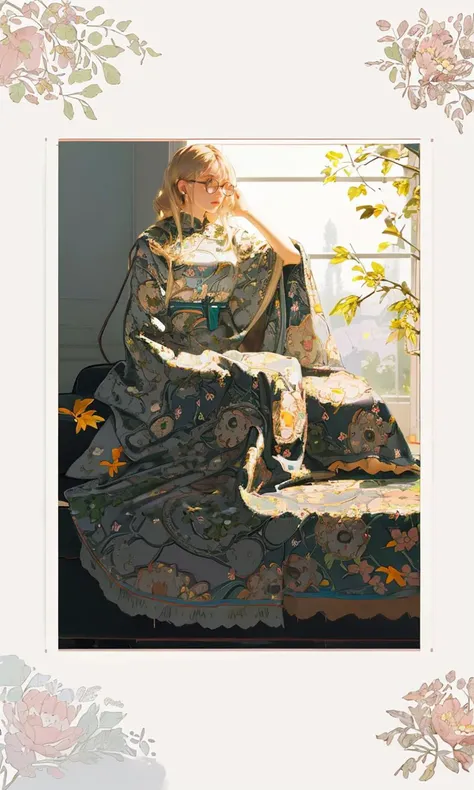 1girl, flowing blonde hair, wearing thick rimmed glasses, grey background, melancholy, falling leaf, looking at viewer, sitting on a sofa,window  <lora:loahrenrustyle_noise:0.85> PASTLIGHT <lora:HBD4:0.25> heibaidiao, silhouette, light and shadow, chiaroscuro, heavy shadow, pastel colors,  , masterpiece, absurdres, 
 <lora:EF-concept_master_1.0:1.5> [(white background: 1.4)::5], TBCC ILLUSTRATION <lora:edgPalazzo2:0.5> edgPalazzo_pants,  <lora:6070styl3:0.5> 6070styl3, floral print, paisley print,<lora:EF-GoodHands-beta2:0.5><lora:EF-GoodHands-beta2:0.5><lora:EF-GoodHands-beta2:0.5>