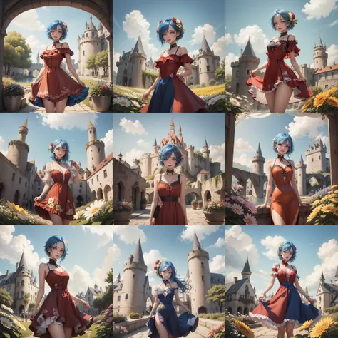 <lora:concept_master_1.0:1> 1girl ,blue hair,yellow eye,red dress,castle,sky,flowers,((looking at viewer)),[(background:1.4)::5] tbcc illustration