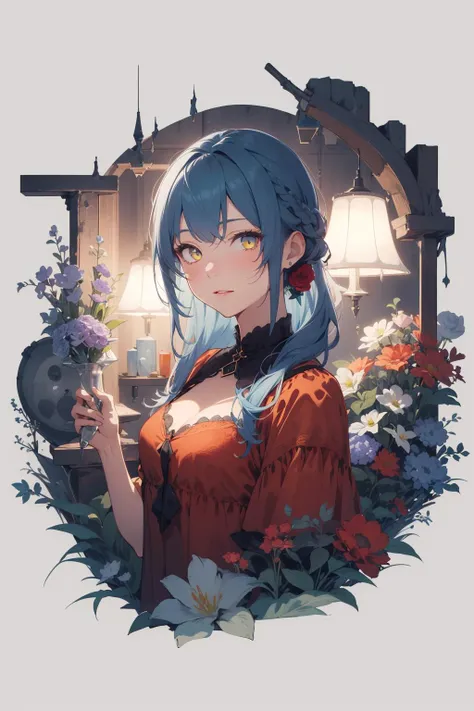 <lora:concept_master_1.0:1> 1girl ,blue hair,yellow eye,red dress,stone,lamp,flowers,((looking at viewer)),[(background:1.4)::5] tbcc illustration