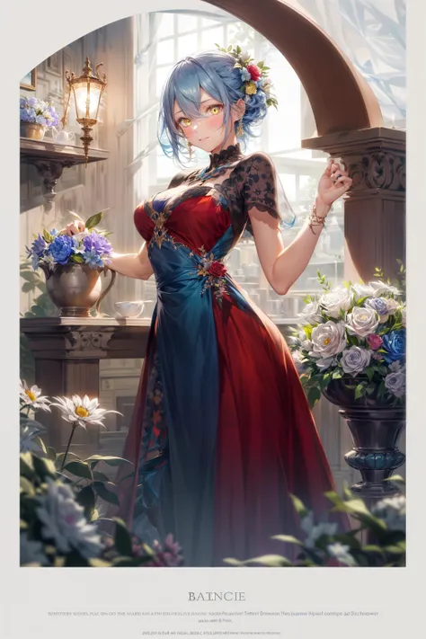 <lora:concept_master_1.0:1> 1girl ,blue hair,yellow eye,red dress,stone,lamp,flowers,((looking at viewer)),[(background:1.4)::5] tbcc illustration <lora:tangbohu-detailmaker_v2.5:-1.5>  <lora:tangbohu-detailer_1.0:1>