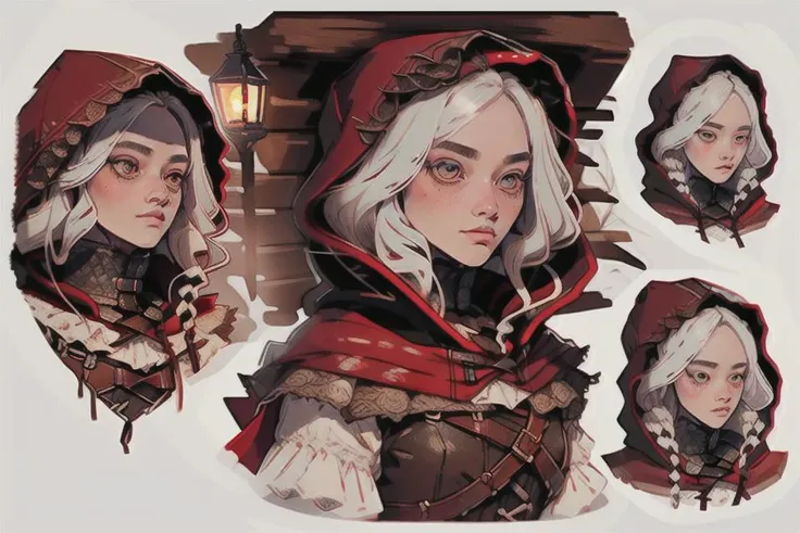 (CharacterSheet:1), 1girl, (multiple views, full body, upper body, reference sheet:1), (best quality, highest quality), (ultra detailed), (8k, 4k, intricate), (highly detailed:1.2),(detailed face:1.2), detailed_eyes,(gradients),(ambient light:1.3), masterpiece, illustration, red hood, little red riding hood, white hair, detailed eyes <lora:CharacterDesign_Concept-10:1> <lora:concept_master_1.0:1> <lora:Akiakane_cloud_v1_rpt10-000016:1> <lora:GoodHands-beta2:1>