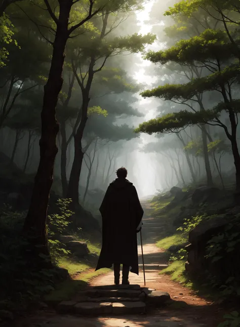 character: A mysterious wanderer with a long, flowing cloak, obscured face, and a staff adorned with intricate symbols, BREAK, setting: a mystical forest shrouded in mist, with ancient trees and magical flora, BREAK, objects: glowing orbs of light floating around the character, illuminating the surroundings, BREAK, atmosphere: ethereal, enchanting, BREAK, action: the character exploring the forest, uncovering hidden paths and ancient ruins, BREAK, quality: a sense of adventure, magic, and the discovery of ancient secrets.
