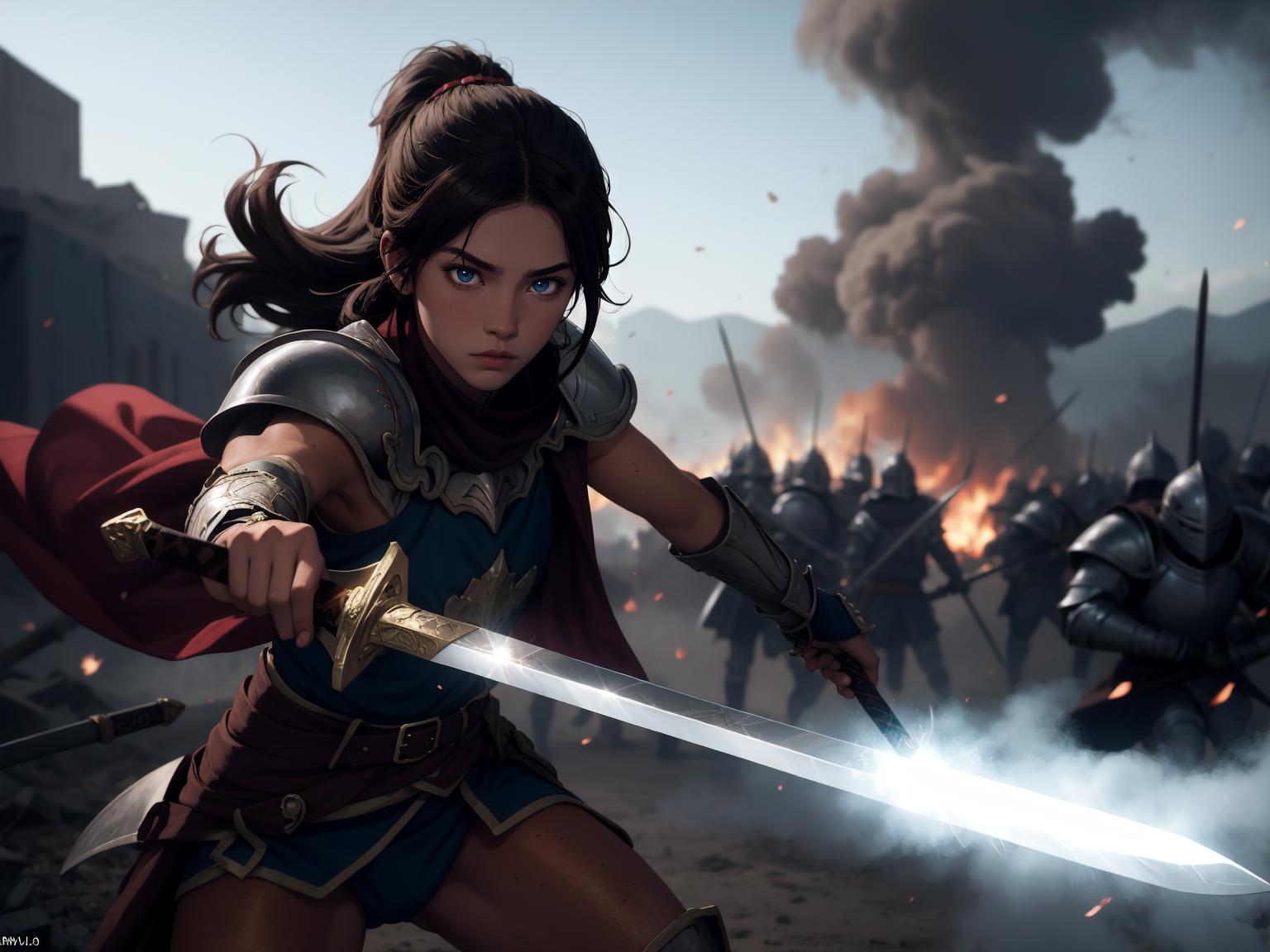 A woman in armor holding a sword in front of a group of people - SeaArt AI