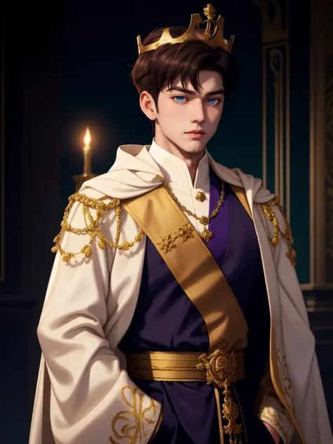 Setting: Enchanted kingdom, golden spires, lush gardens, BREAK
Character: Noble prince, heir to the throne, BREAK
Clothing: Regal attire of royal purple and gold, adorned with intricate embroidery and gemstones, a majestic golden crown, BREAK
Quality: Charismatic leadership, diplomatic skills, destiny as a ruler