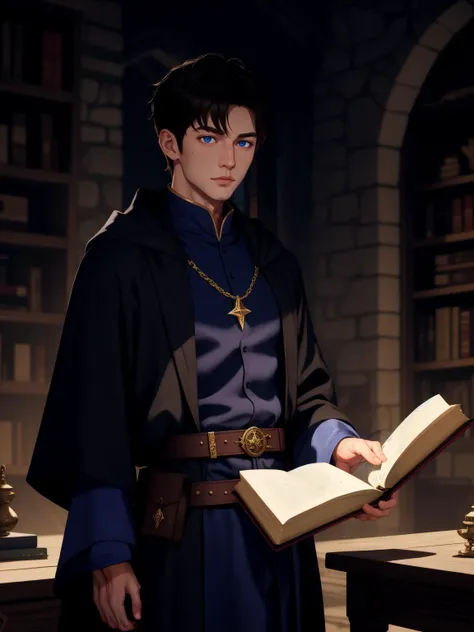 Place: Wizard's tower, swirling magical energies, ancient tomes, BREAK
Character: 1boy, Cody Christian, short black hair, athletic fit body, blue eyes, (tan brown skin:1.3), Sorcerer apprentice, eager to master arcane arts, BREAK
Clothing: Robes of deep indigo, adorned with shimmering stars, a belt with pockets filled with vials and spell components, BREAK
Quality: Innate magical talent, thirst for knowledge, potential for great power