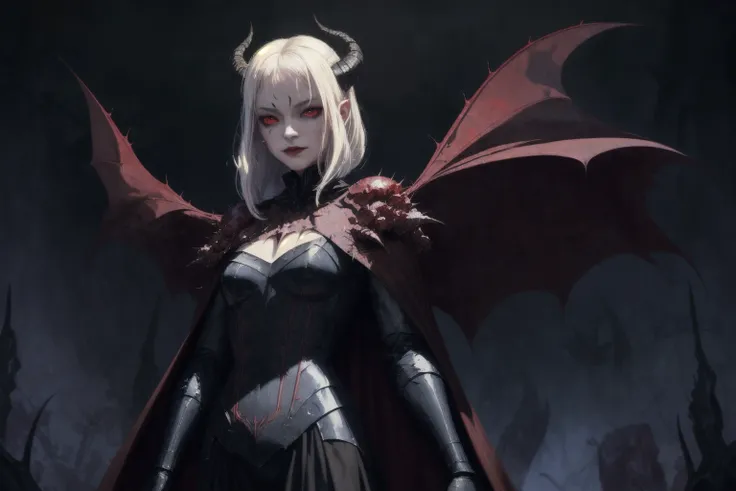 1 demon queen, solo, evil smile, smoky gothic makeups, small eyes, pale skin, obsidian armor, transparent silk cape, scales, black rough texture horns, glowing red eyes, thorns, blood, (from below) army of demons
gothic, fantasy, abstract, muted color
dramatic lighting ,
best quality, masterpiece,
(modern digital art by Andre Derain , gerald brom ,)
<lora:add_detail:1>