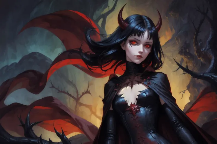 1 demon queen, solo, upper body, evil smile, smoky gothic makeups, small eyes, pale skin, , deep v dress, transparent silk cape, scales, black rough texture horns, glowing red eyes, thorns, blood, (from below)
gothic, fantasy, abstract, muted color
dramatic lighting , hell scenery , scarified ritual
best quality, masterpiece,
(modern digital art by Andre Derain and gerald brom)
<lora:add_detail:1>